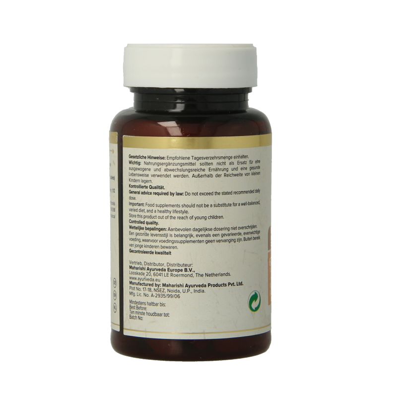 Maharishi Ayurveda Triphala Plus herbal supplement in a bottle of 60 tablets, natural herbal remedy for digestion and detoxification.