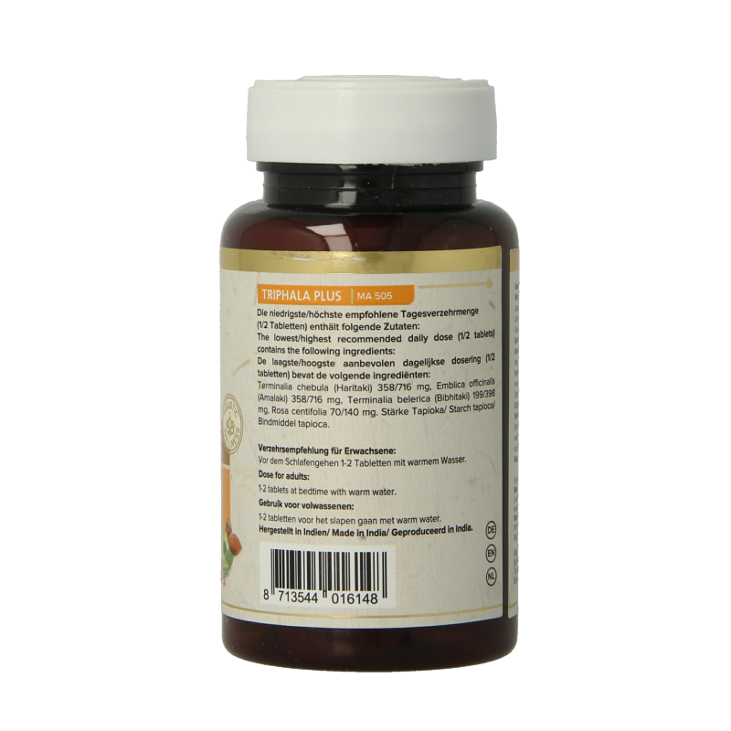 Maharishi Ayurveda Triphala Plus herbal supplement in a bottle of 60 tablets, natural Ayurvedic herbal remedy.