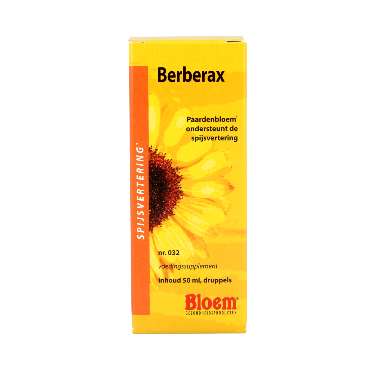 Bloom Berberax herbal supplement bottle with 50ml capacity, featuring a white label and black cap, from Bloem Kruidenpreparaten.