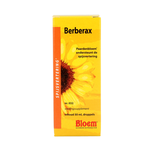 Bloom Berberax herbal supplement bottle with 50ml capacity, featuring a white label and black cap, from Bloem Kruidenpreparaten.