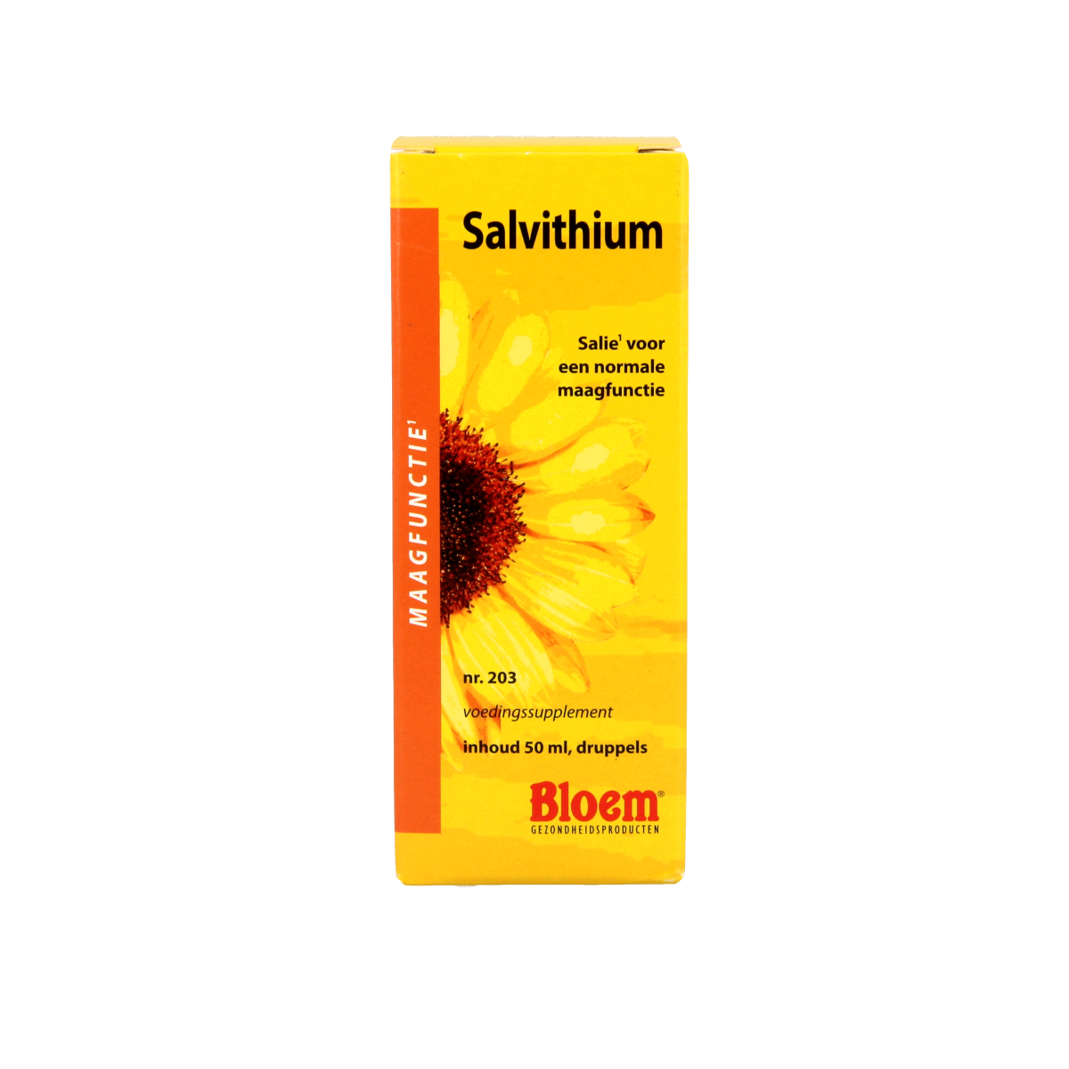 Bloem Salvithium herbal supplement bottle with 50ml capacity, featuring a white label and green accents, on a white background.
