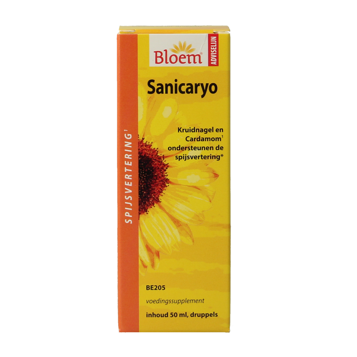Bloem Sanicaryo herbal preparation bottle, 50ml, with label showing product details, in a clear container.