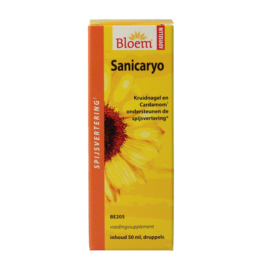 Bloem Sanicaryo herbal preparation bottle, 50ml, with label showing product details, in a clear container.