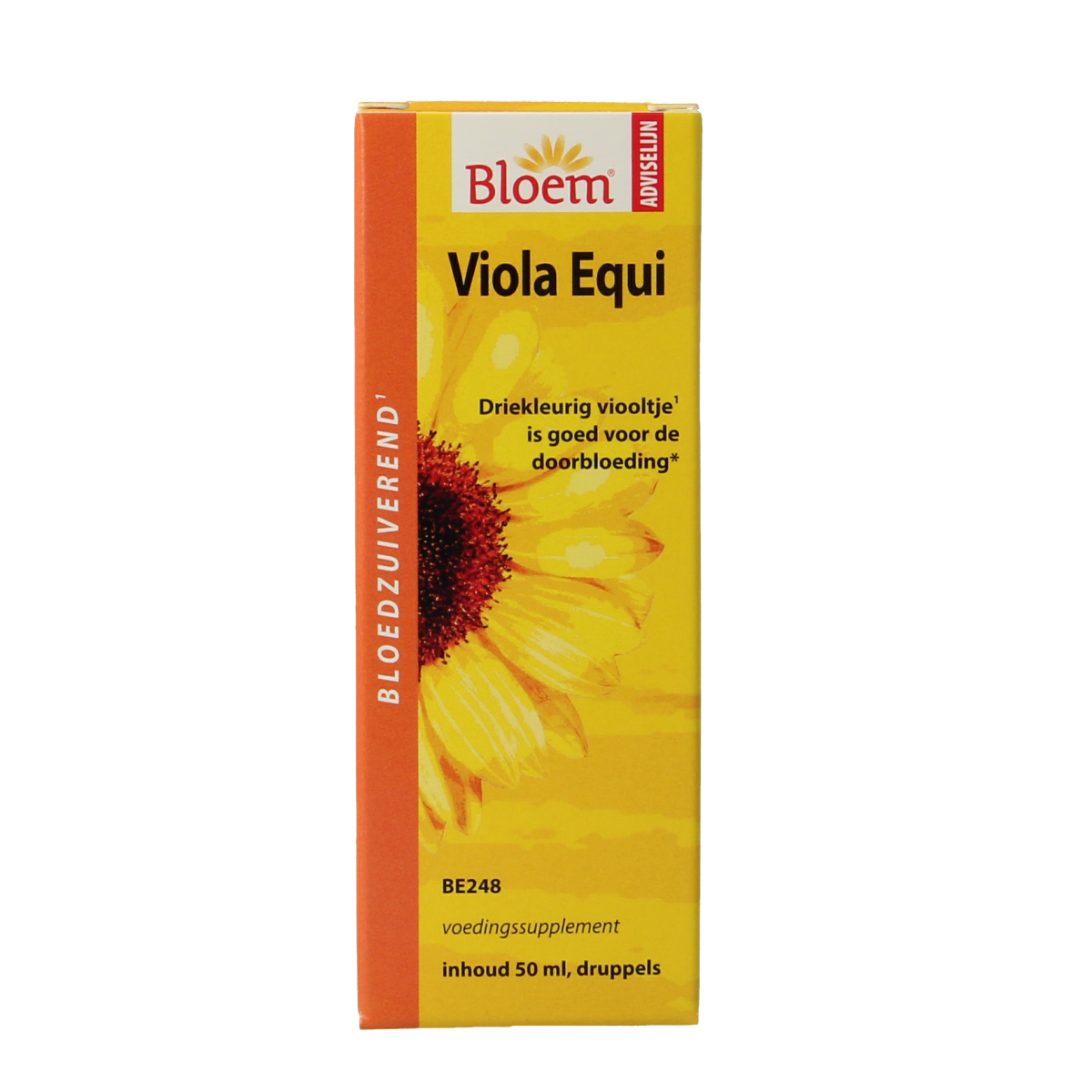 Bloem Viola Equi herbal supplement in a 50ml bottle, featuring a label with botanical illustrations and product details.