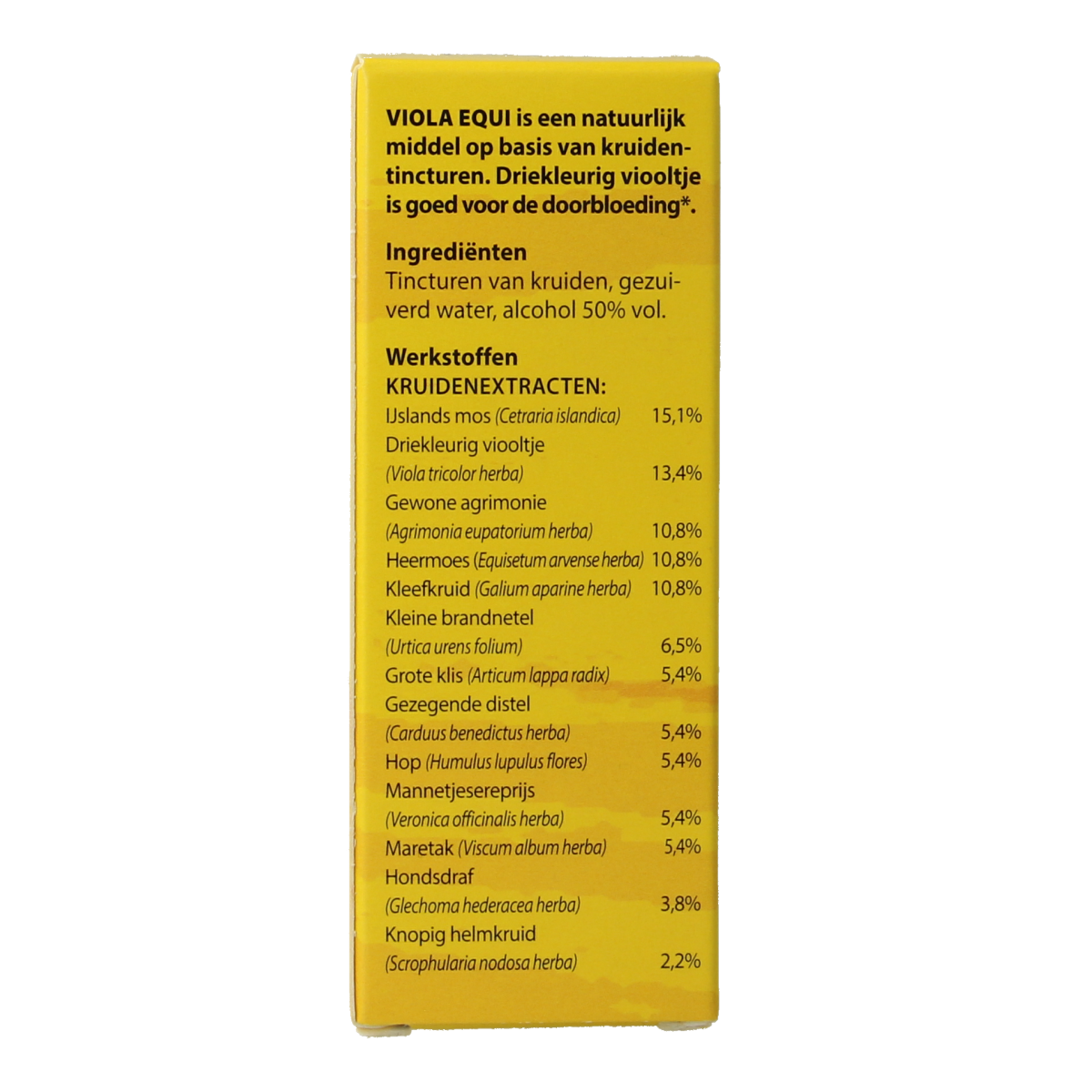 Bottle of Bloem Viola Equi herbal supplement, 50ml, in a clear glass container with a label featuring green and purple accents.