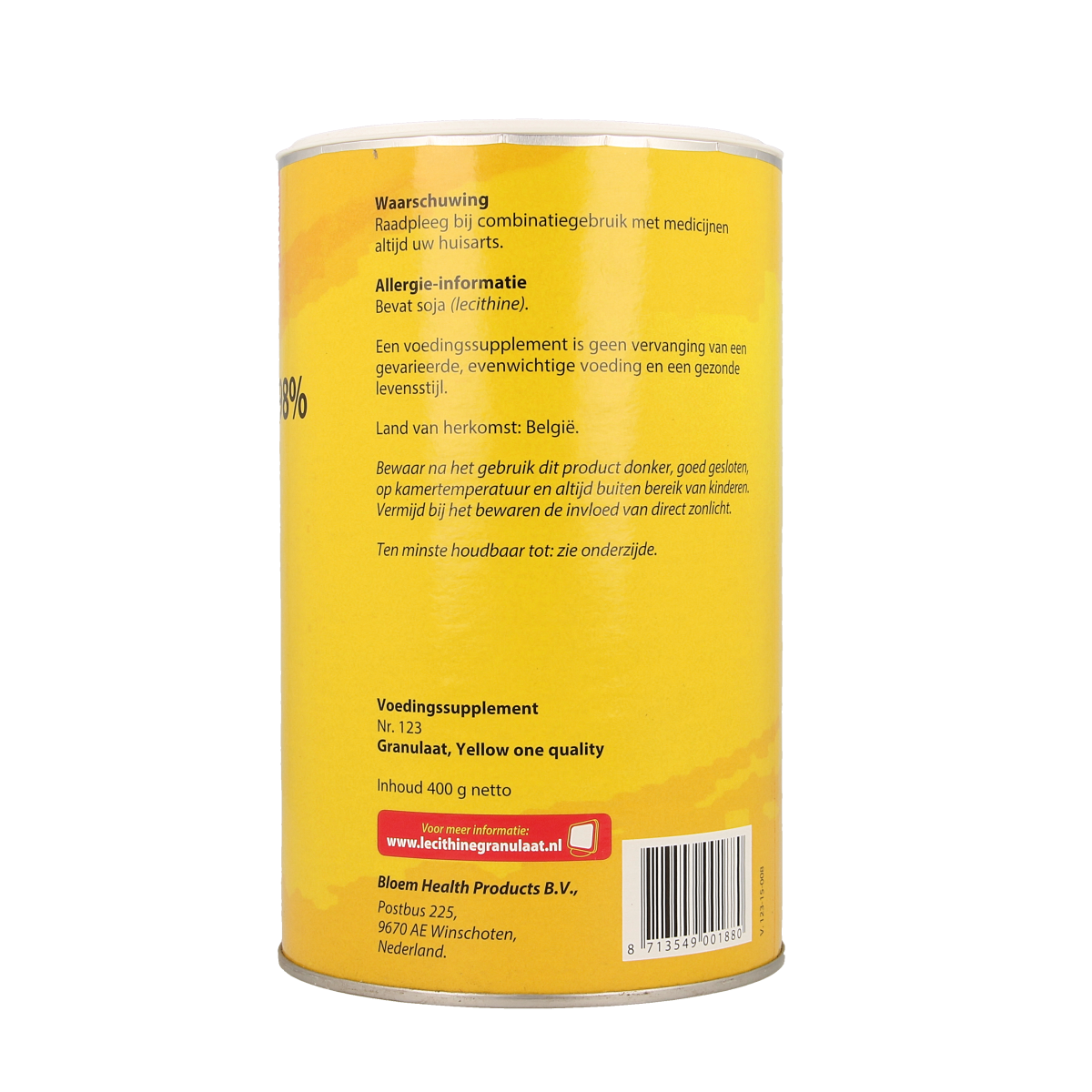 Bloem Lecithine granulaat 98% kruidenpreparaat in 400g verpakking, yellowish granules for dietary use