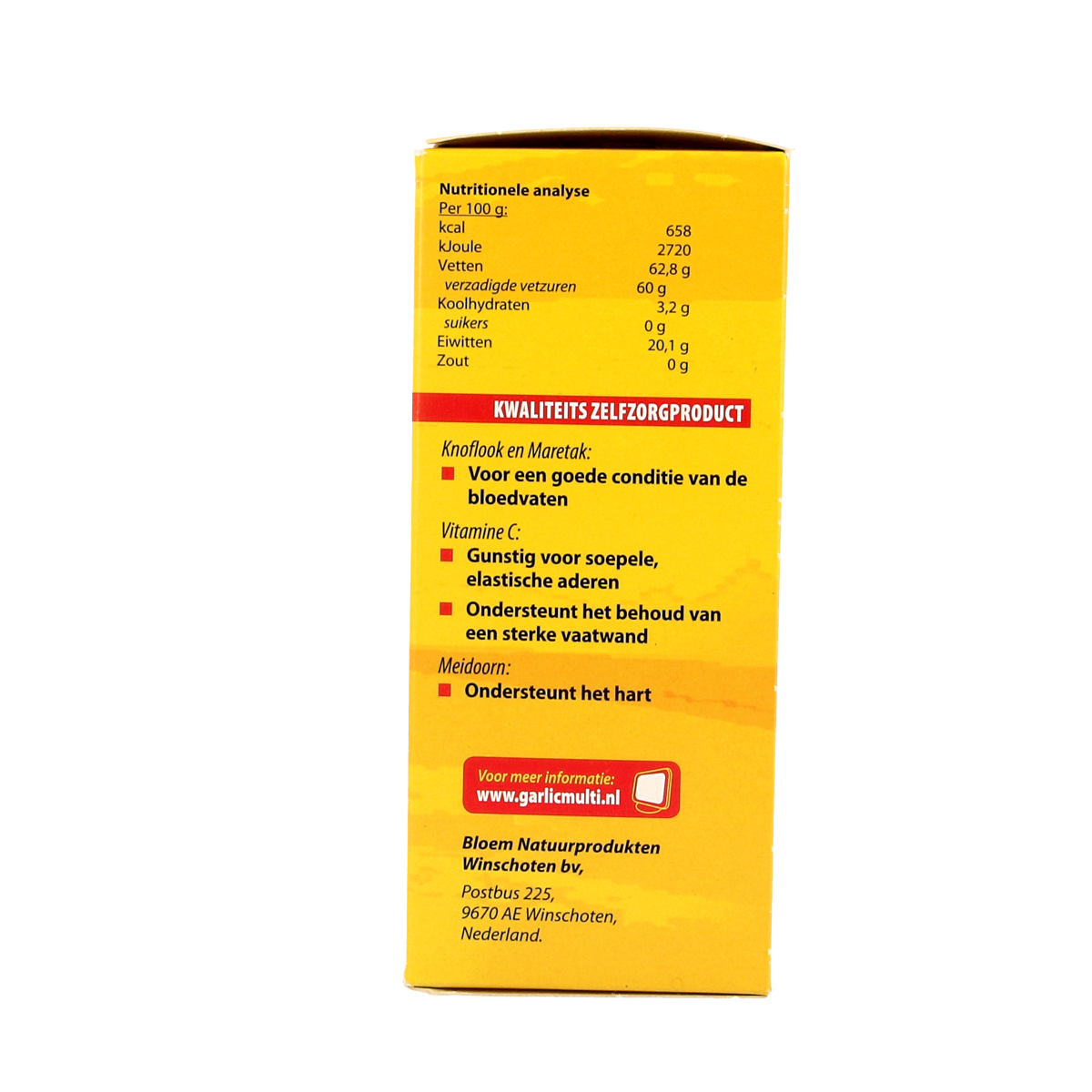 Blom Garlic Multi+ capsules in a bottle, herbal supplement for immune support, featuring garlic extract and other natural ingredients.