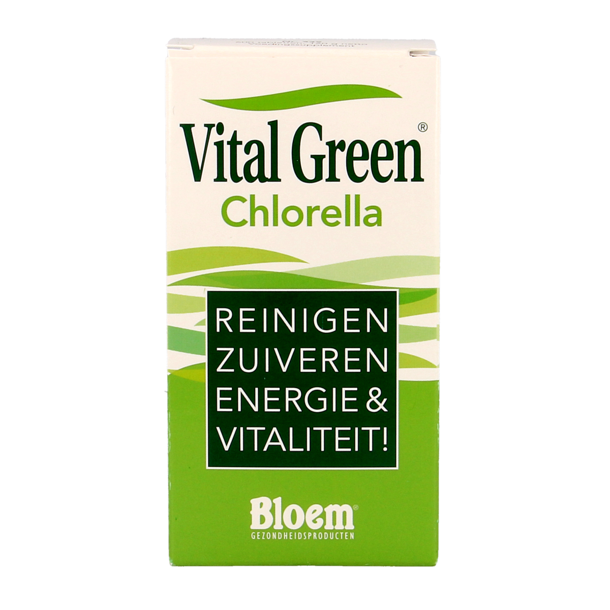 Bloom Chlorella Vital Green supplement in green tablet form, packaged in a bottle, from the Bloem herbal preparations range.