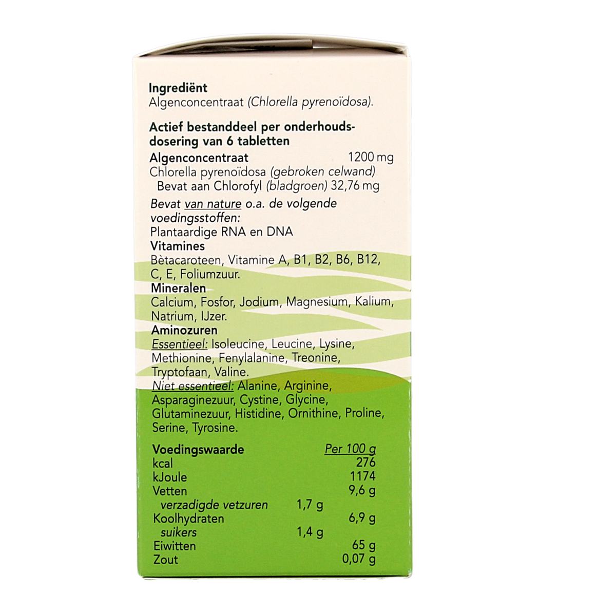 Bloem Chlorella Vital Green supplement bottle with 600 tablets, herbal supplement, green labeling, and product details visible.