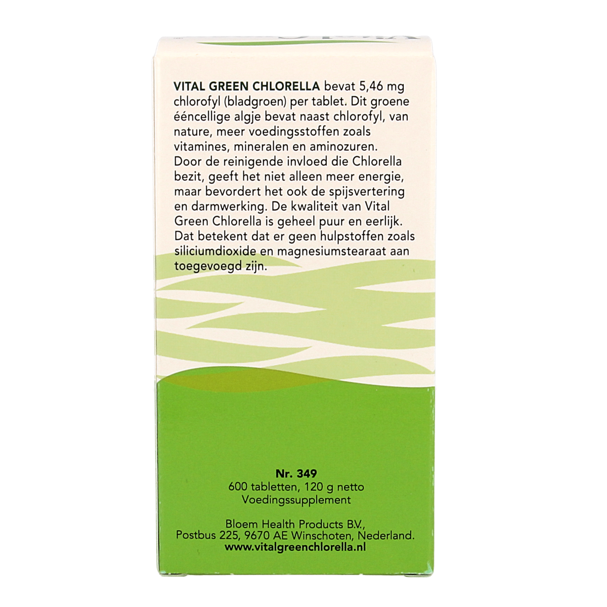 Pack of Bloem Chlorella Vital Green 600 tablets, a herbal supplement in green tablet form for health and wellness.