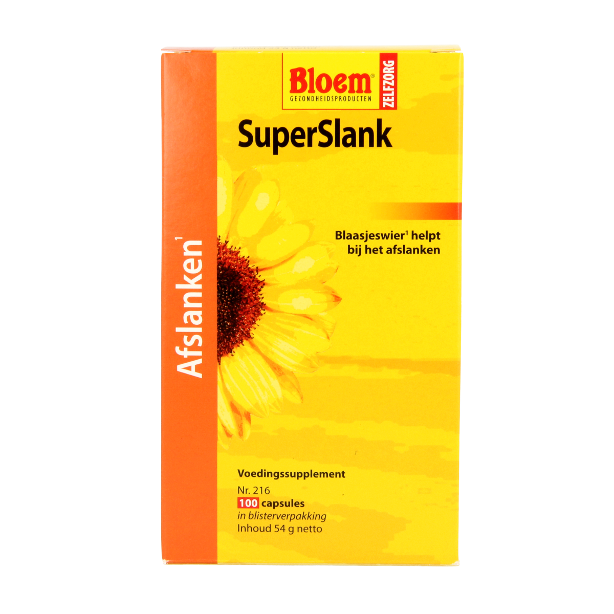 Bloem Superslank 100 capsules, herbal supplement in a clear bottle with white cap, featuring green and white labeling.