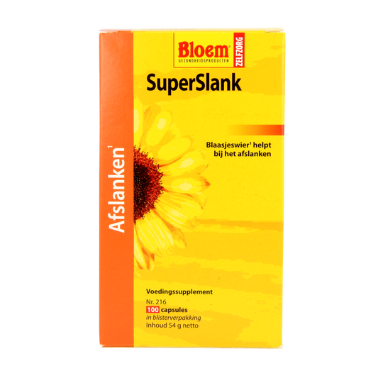 Bloem Superslank 100 capsules, herbal supplement in a clear bottle with white cap, featuring green and white labeling.