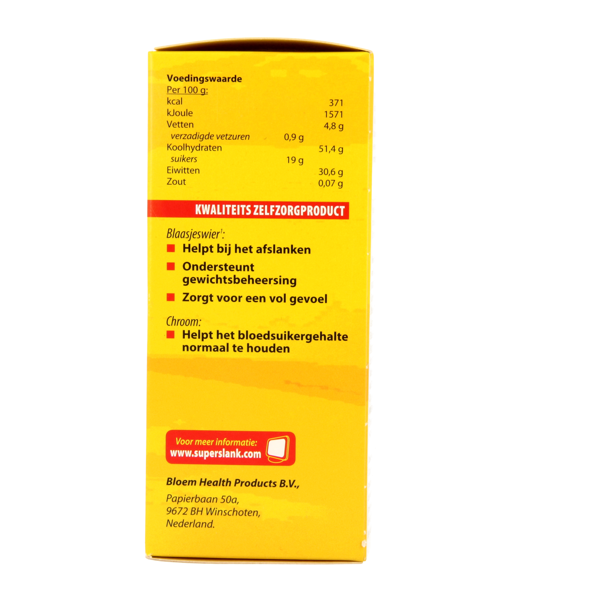 Bottle of Bloem Superslank 100 capsules, herbal supplement in a white container with a blue label, showing capsules inside.
