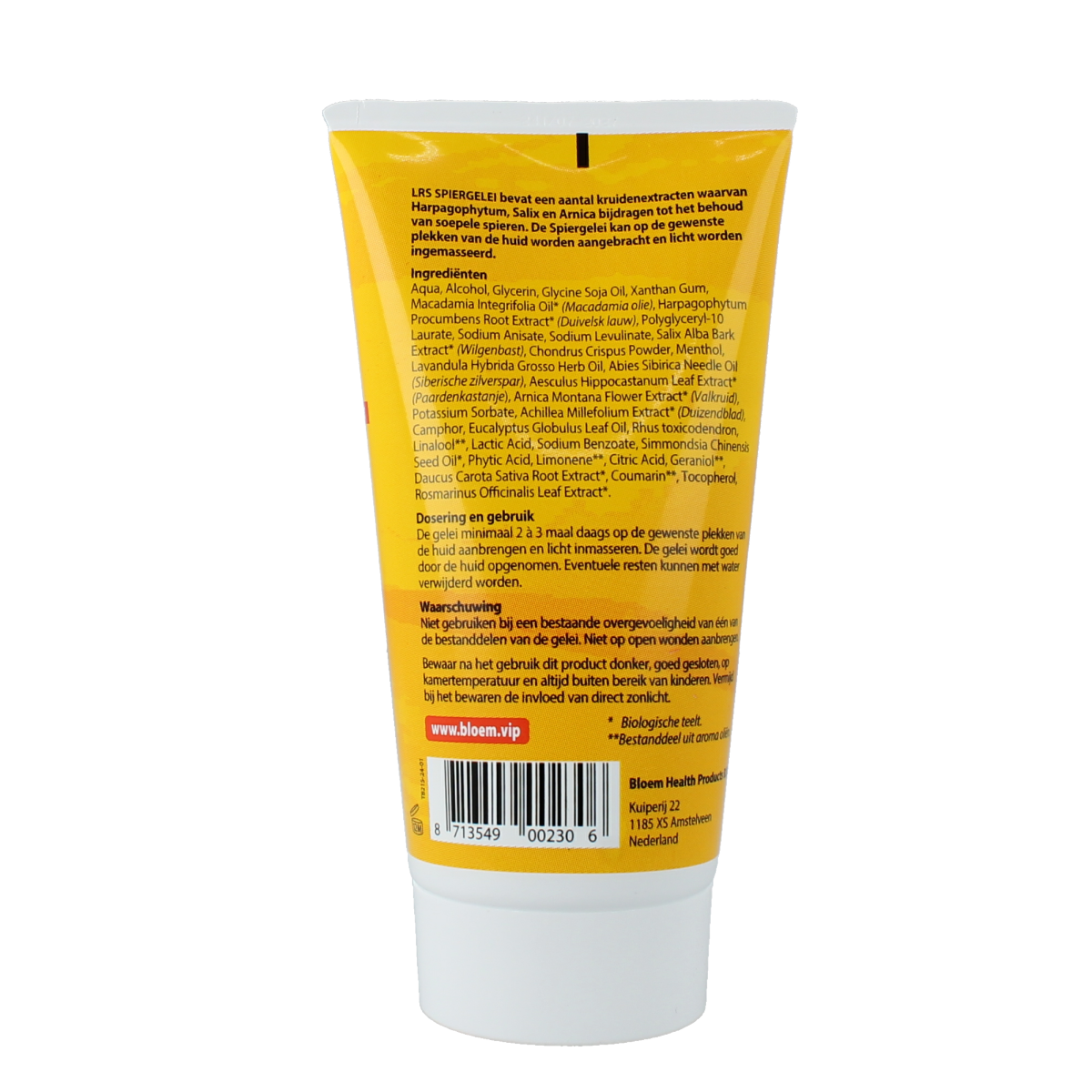 Bottle of Bloem LRS Spiergelei 150ml for muscle and joint care, featuring a white cap and label with product details.