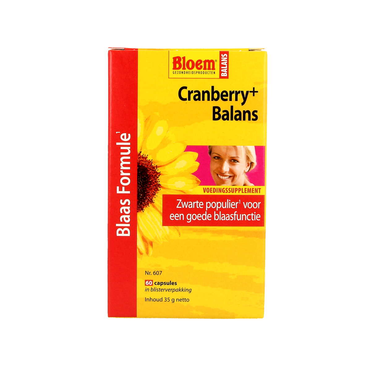 Bloem Cranberry+ balans herbal supplement capsules in a bottle, designed for natural health support and wellness.