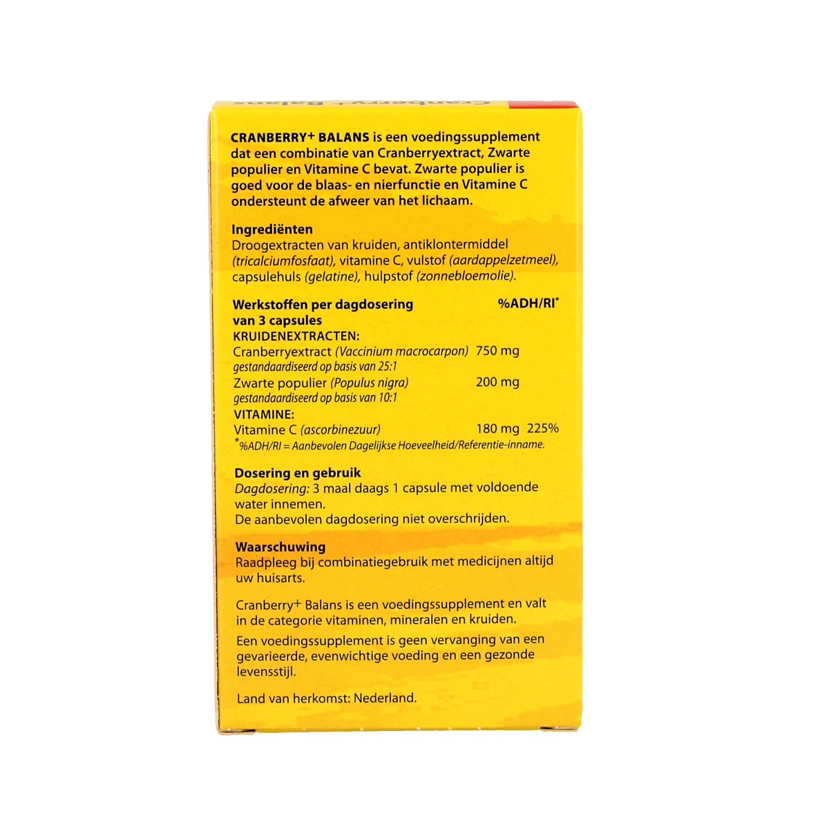 Bloem Cranberry+ balans herbal supplement capsules in a bottle, showcasing the product packaging and capsules inside.