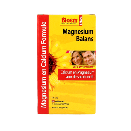 Blom Magnesium Balance mineral tablets bottle with 60 tablets, dietary supplement for mineral support, on a white background.