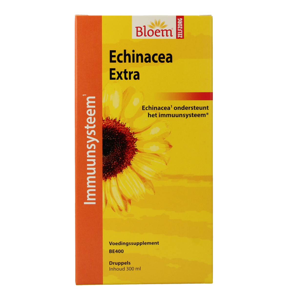 Bloem Echinacea extra herbal supplement bottle, 300ml, in a natural setting with herbs and leaves.