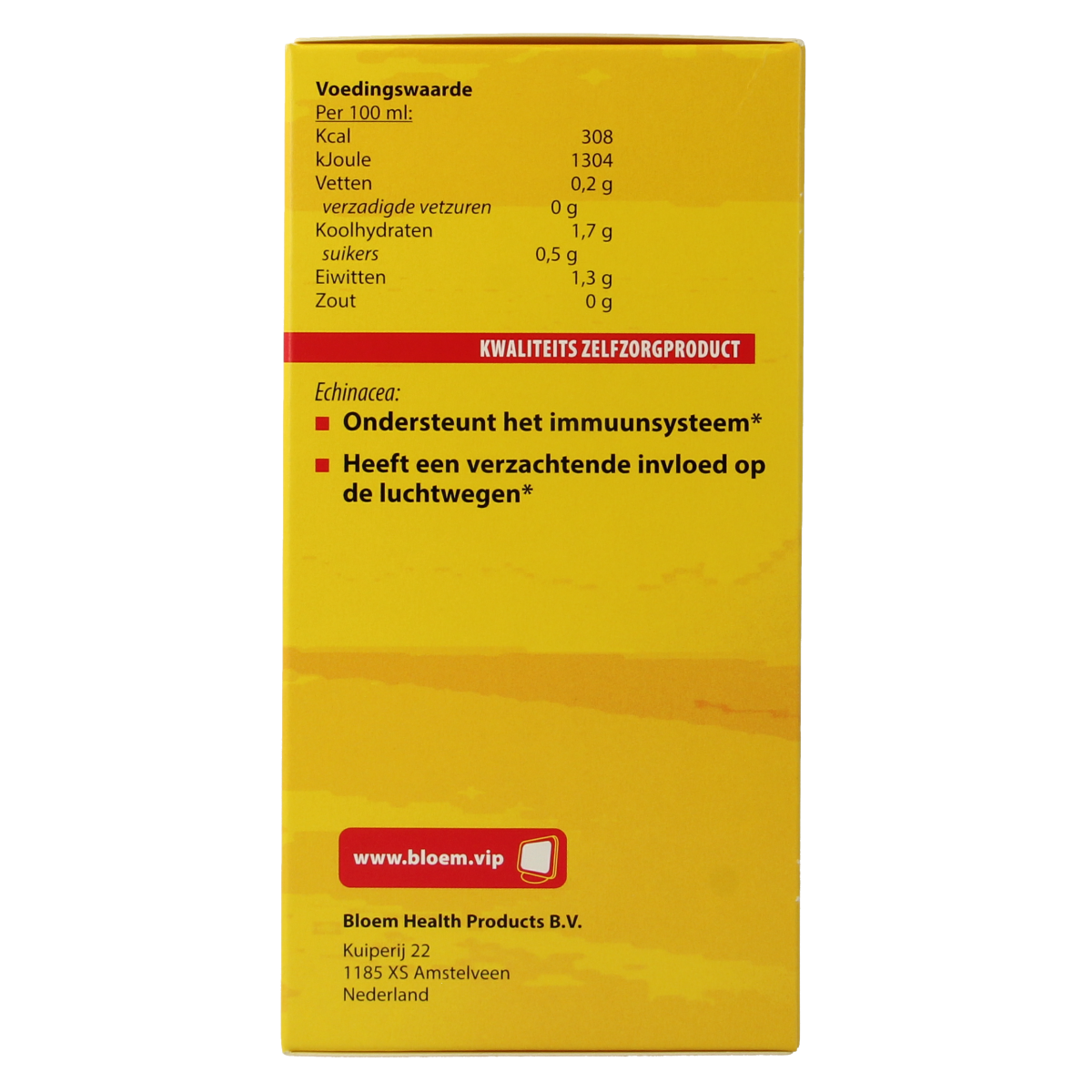 Bottle of Bloem Echinacea extra herbal supplement, 300ml, in a clear container with label details visible.