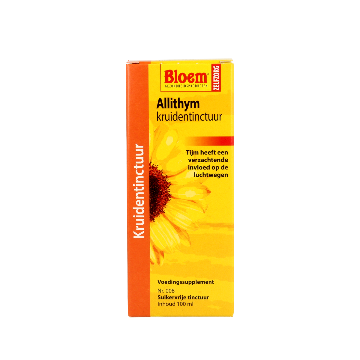 Bottle of Bloem Allithym herbal drops in 100ml bottle, featuring a label with herbal illustrations, for natural health support.