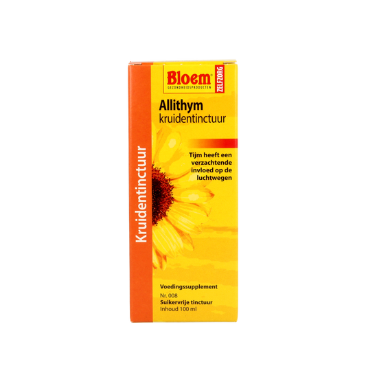 Bottle of Bloem Allithym herbal drops in 100ml bottle, featuring a label with herbal illustrations, for natural health support.
