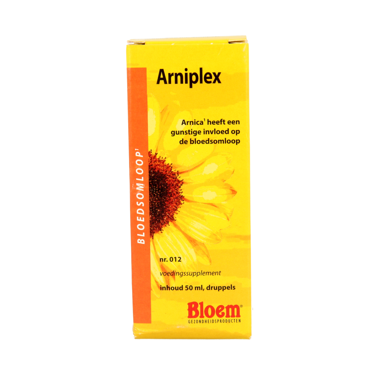 Bloem Arniplex herbal supplement bottle, 50ml, in a clear container with a white cap, showing the product label.