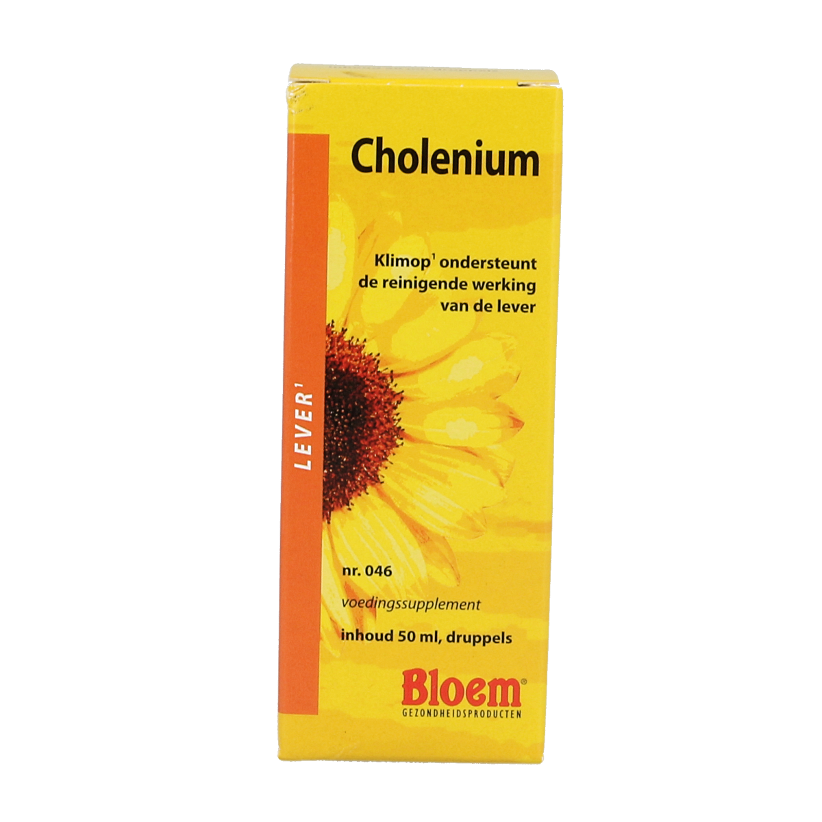 Bloeм Cholenium herbal supplement bottle with label showing 50ml volume, natural herbal product from Bloem in a clear glass bottle
