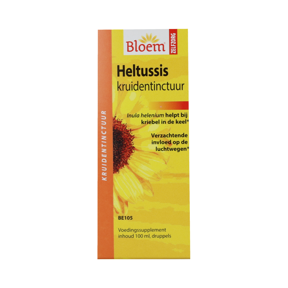Bottle of Bloem Heltussis herbal drops in 100ml container, featuring the product label and transparent cap.