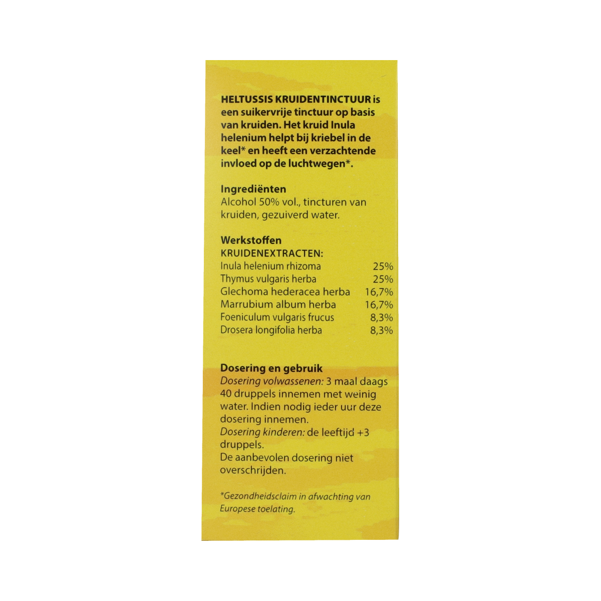 Bloem Heltussis herbal drops in a 100ml bottle, herbal remedy from Bloem for respiratory relief, with herbal ingredients visible.