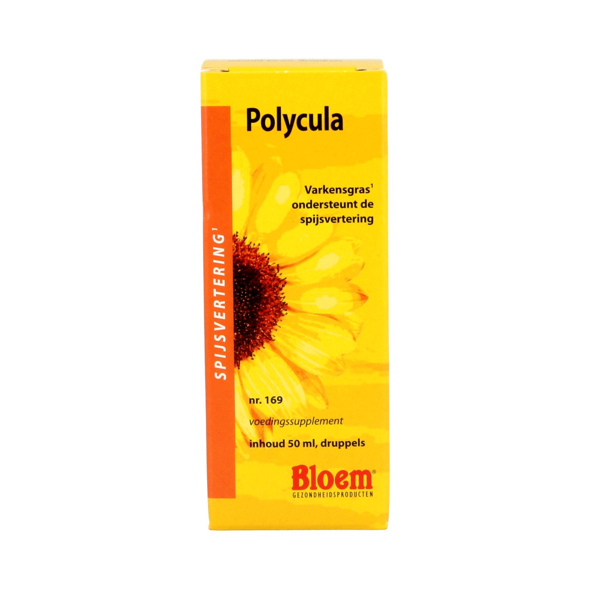 Bloem Polycula herbal preparation bottle, 50ml, in a clear container with a white cap, used for herbal remedies.
