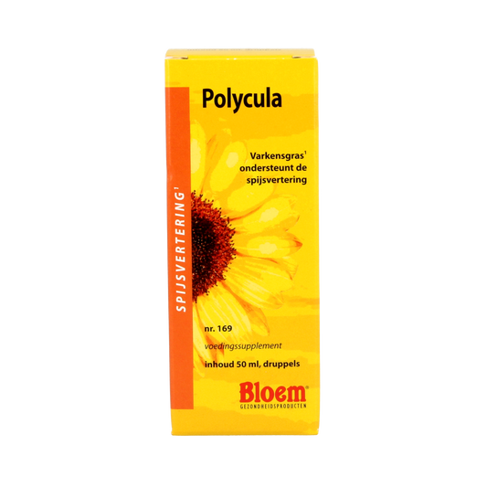 Bloem Polycula herbal preparation bottle, 50ml, in a clear container with a white cap, used for herbal remedies.