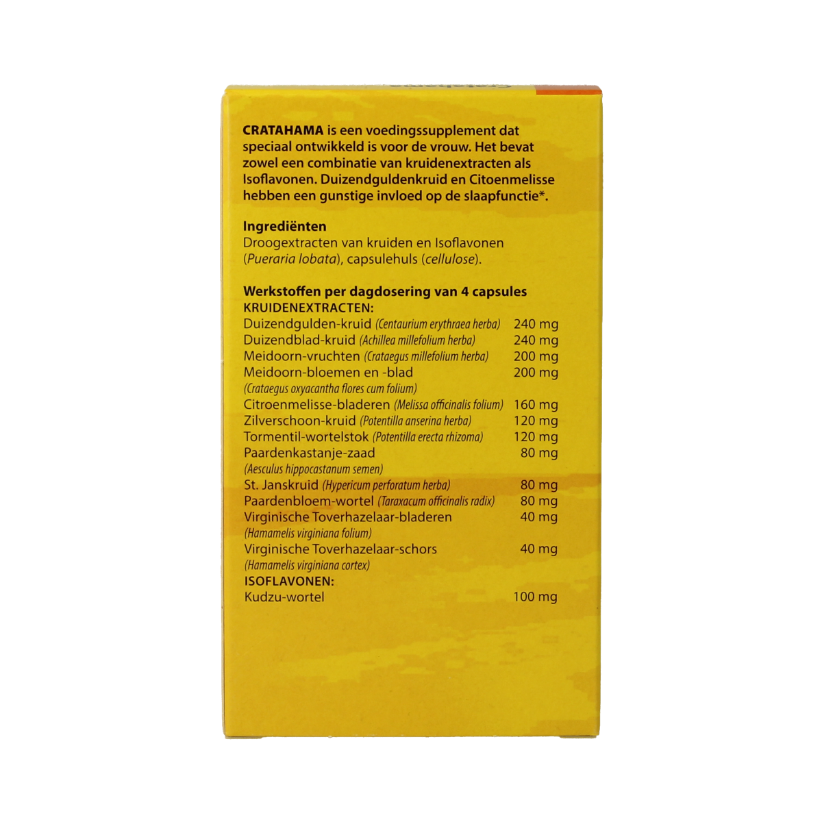 Bloem Cratahama herbal supplement capsules in a bottle, part of Bloem's kruidenpreparaten line, with a white label and cap.