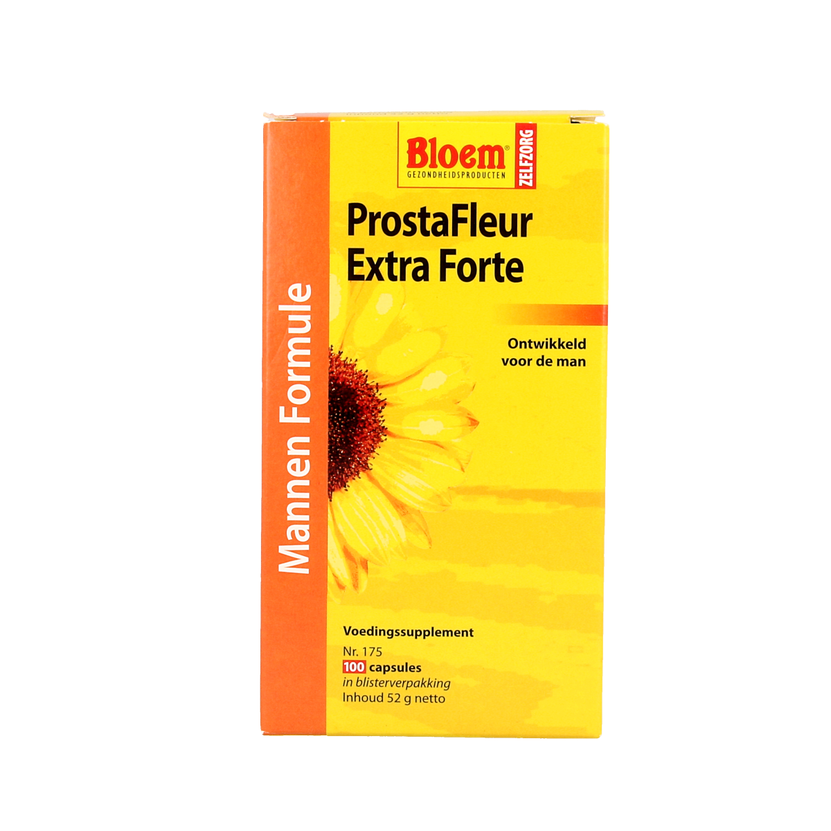 Bloem Prostafleur herbal capsules in a clear bottle, showing the product label for Kruidenpreparaten supplement.