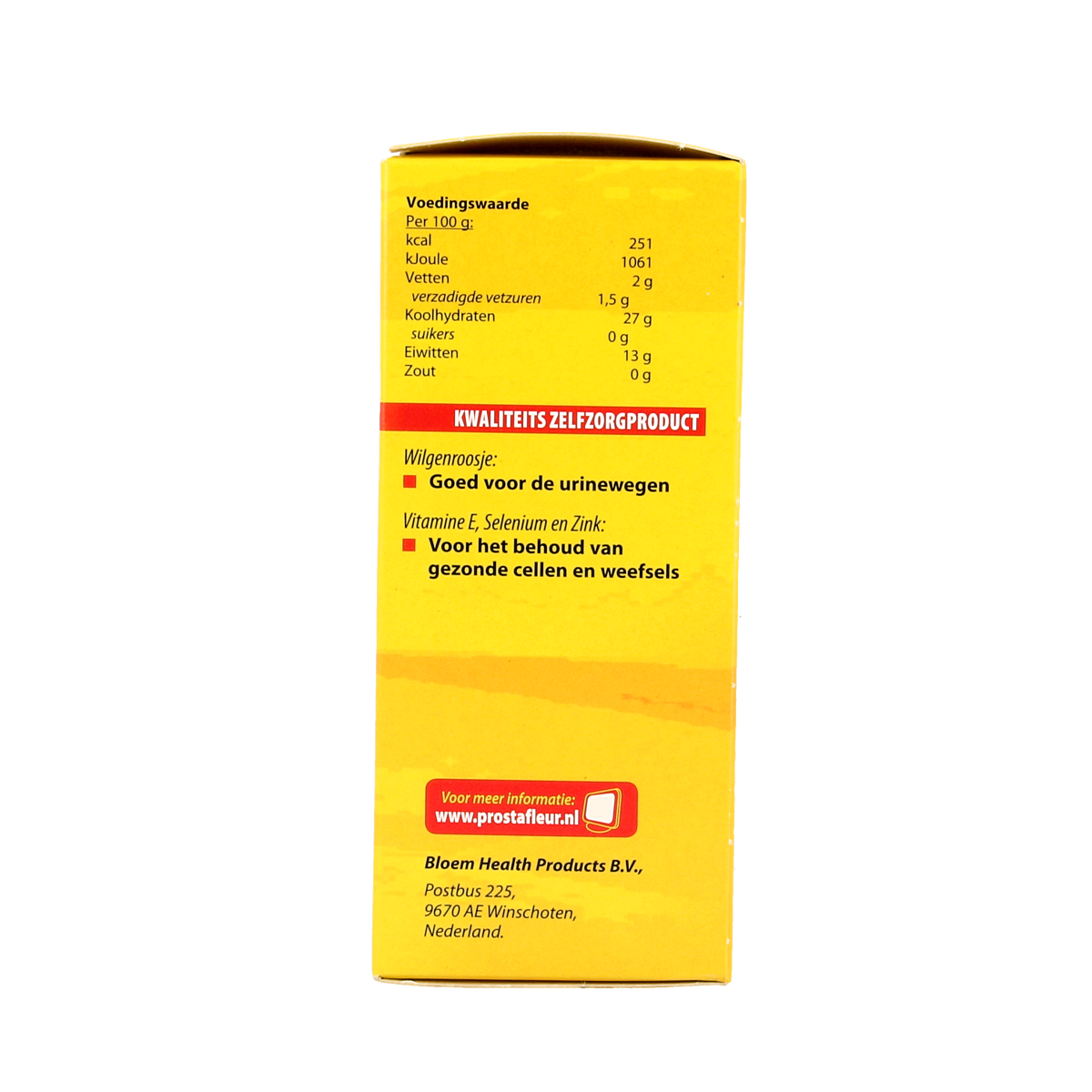 Bloem Prostafleur 100 capsules, herbal supplement in a white bottle with a blue label, showing capsules inside.