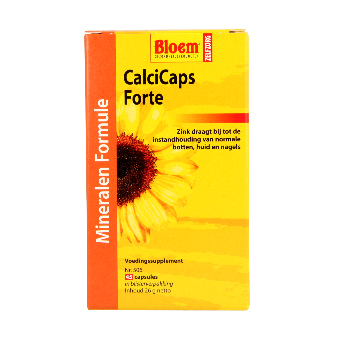 Bloem Calcicaps Forte mineral supplement capsules for skin, hair, and nails in a bottle of 45 capsules.
