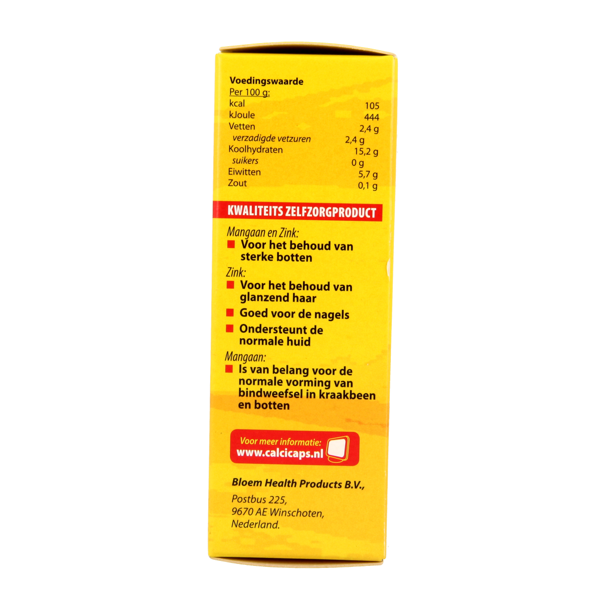 Bloem Calcicaps Forte mineral capsules for skin, nails, and hair, showing white capsules in a container.