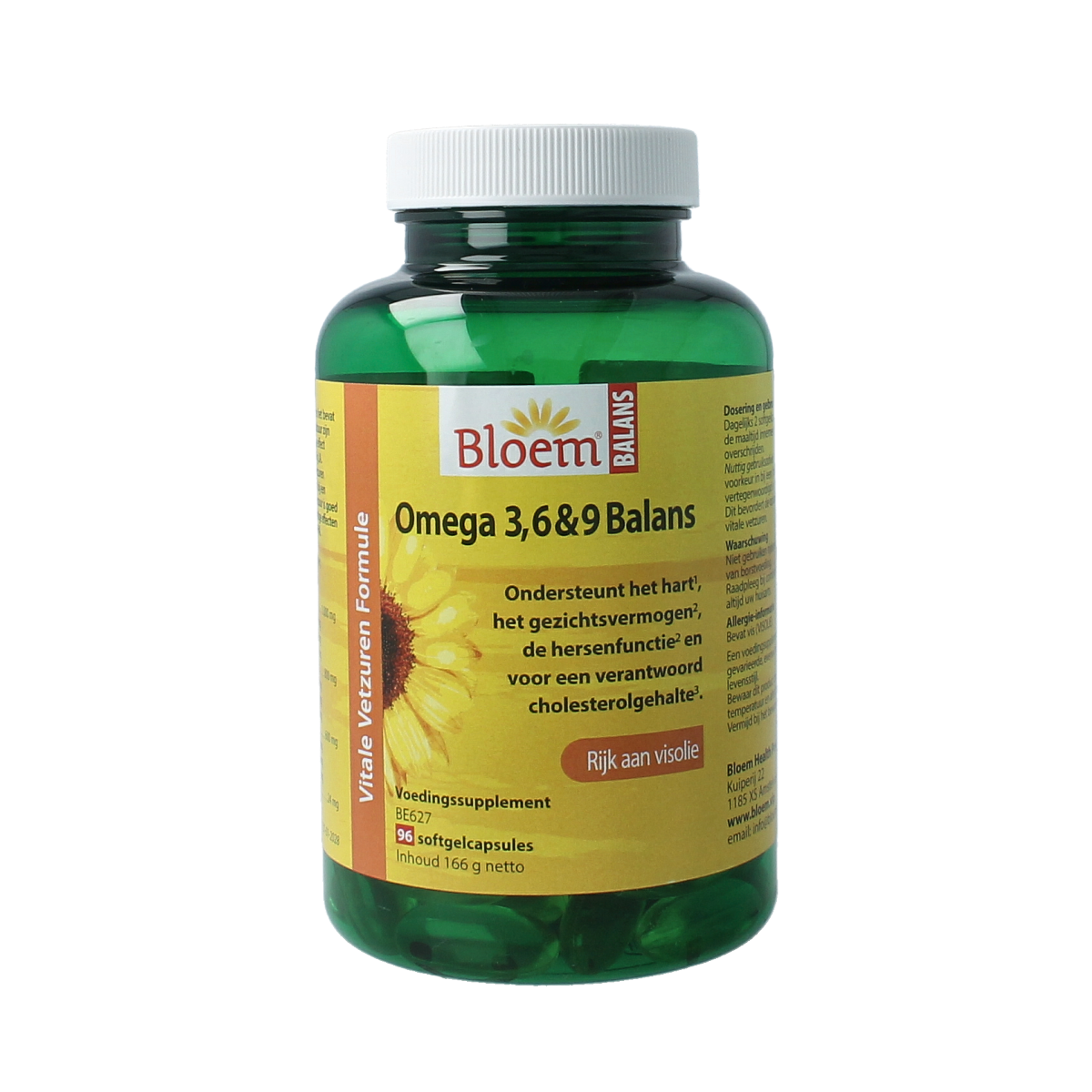 Blijfende Bloem Omega 3 6 9 balans softgels voor vetzuren, capsules in een transparante container