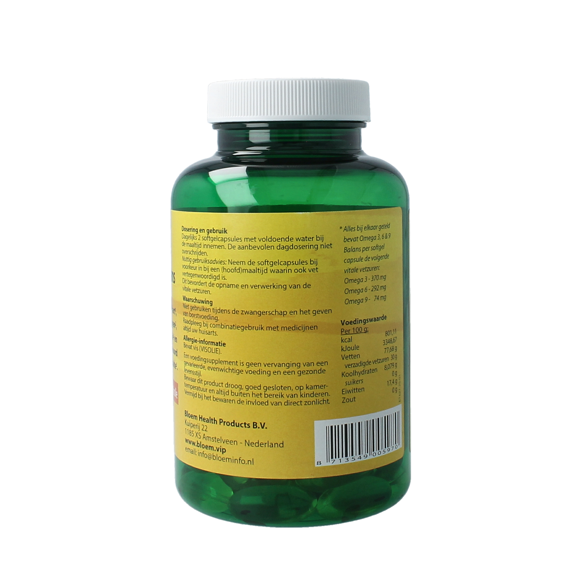Bloem Omega 3 6 9 balans softgels, dietary vetzuren supplement in a clear bottle with softgel capsules visible.