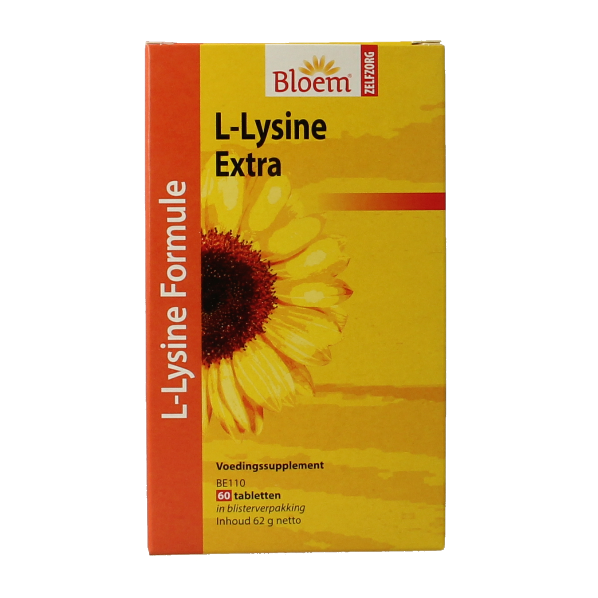 Bloem L-Lysine extra amino acids supplement with 60 tablets, shown in blister packaging on a white background.
