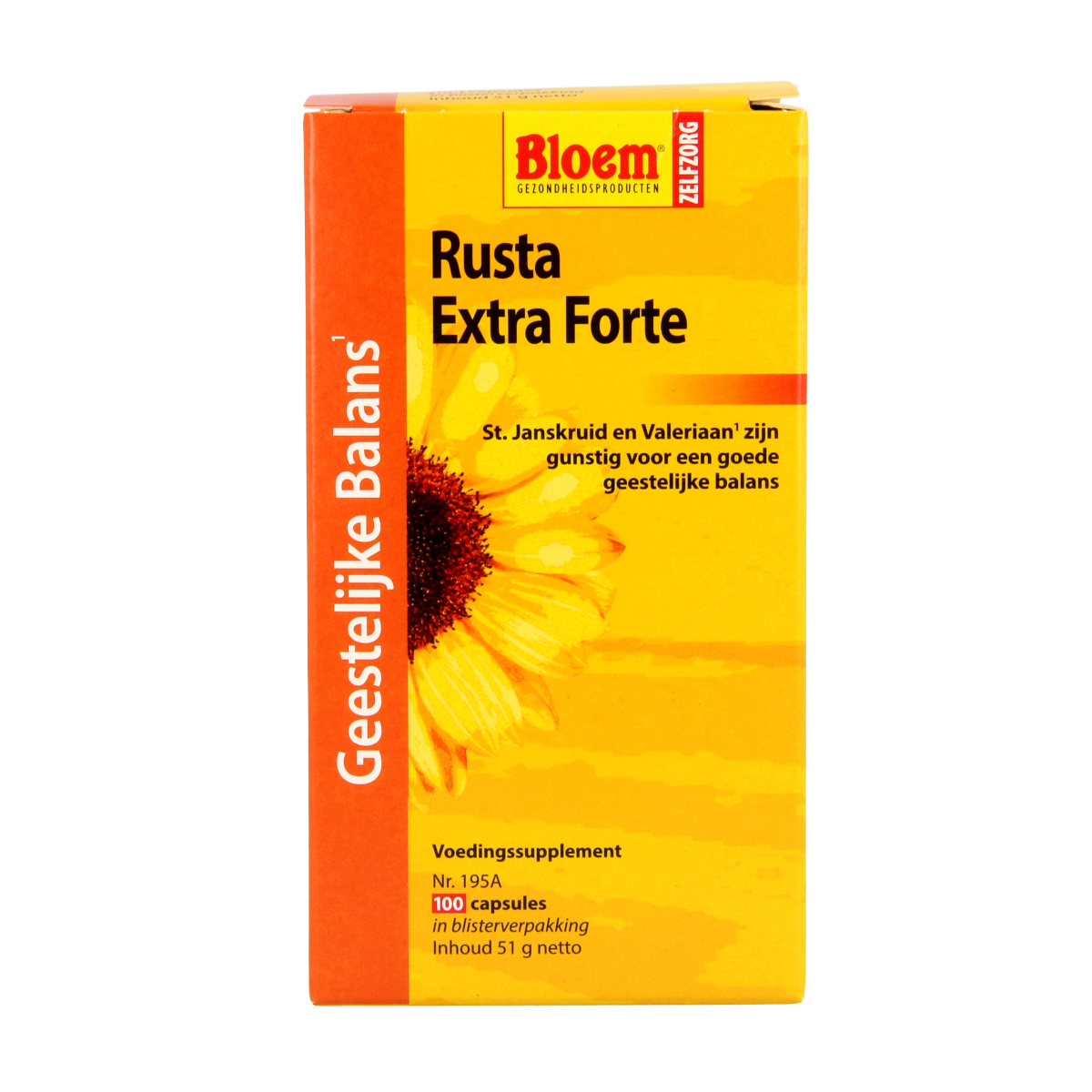 Bloem Rusta herbal supplement capsules in a clear bottle, containing 100 capsules of kruidenpreparaten.