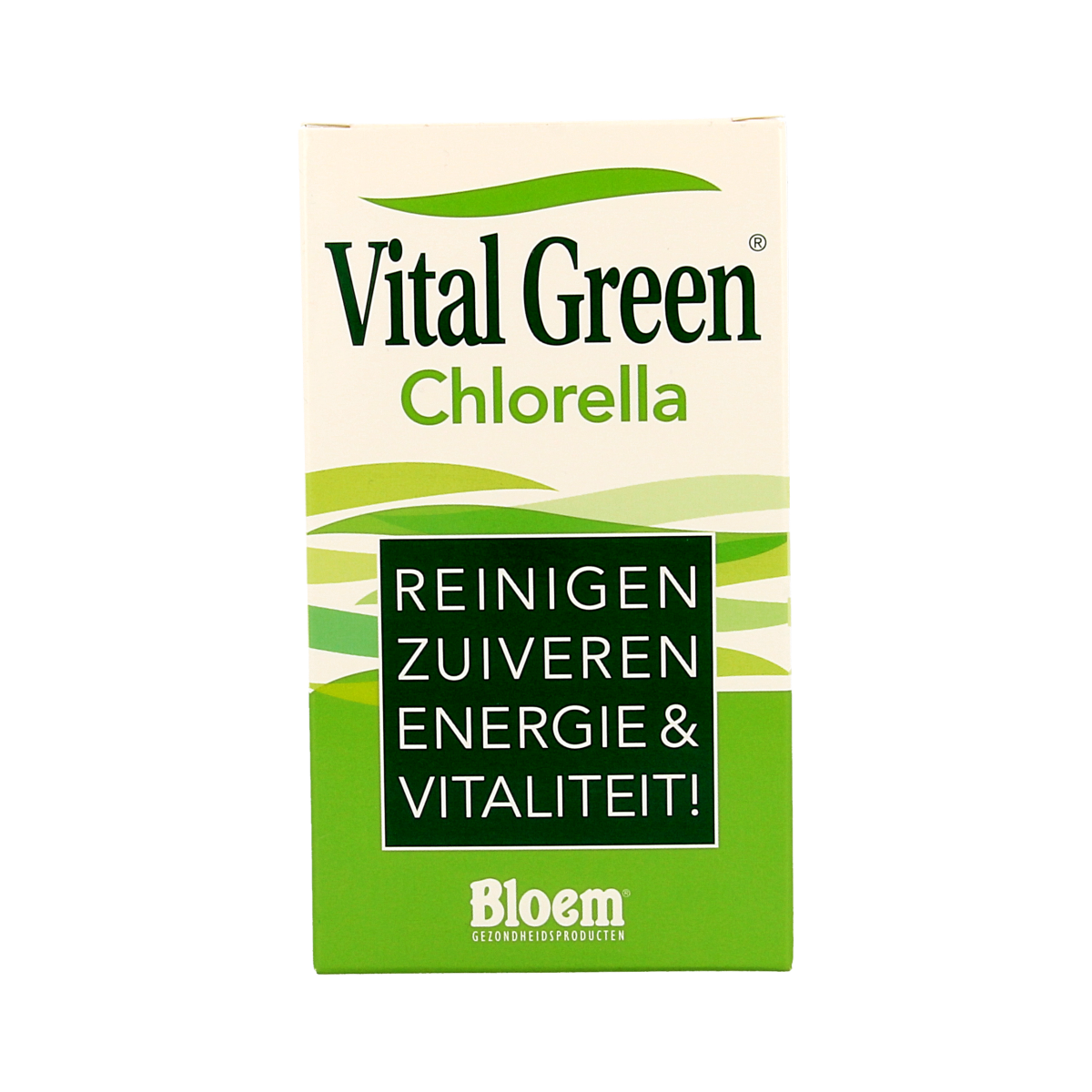 Bloem Chlorella Vital Green 1000 tablets, herbal supplement in a green bottle with white label and tablets visible inside.