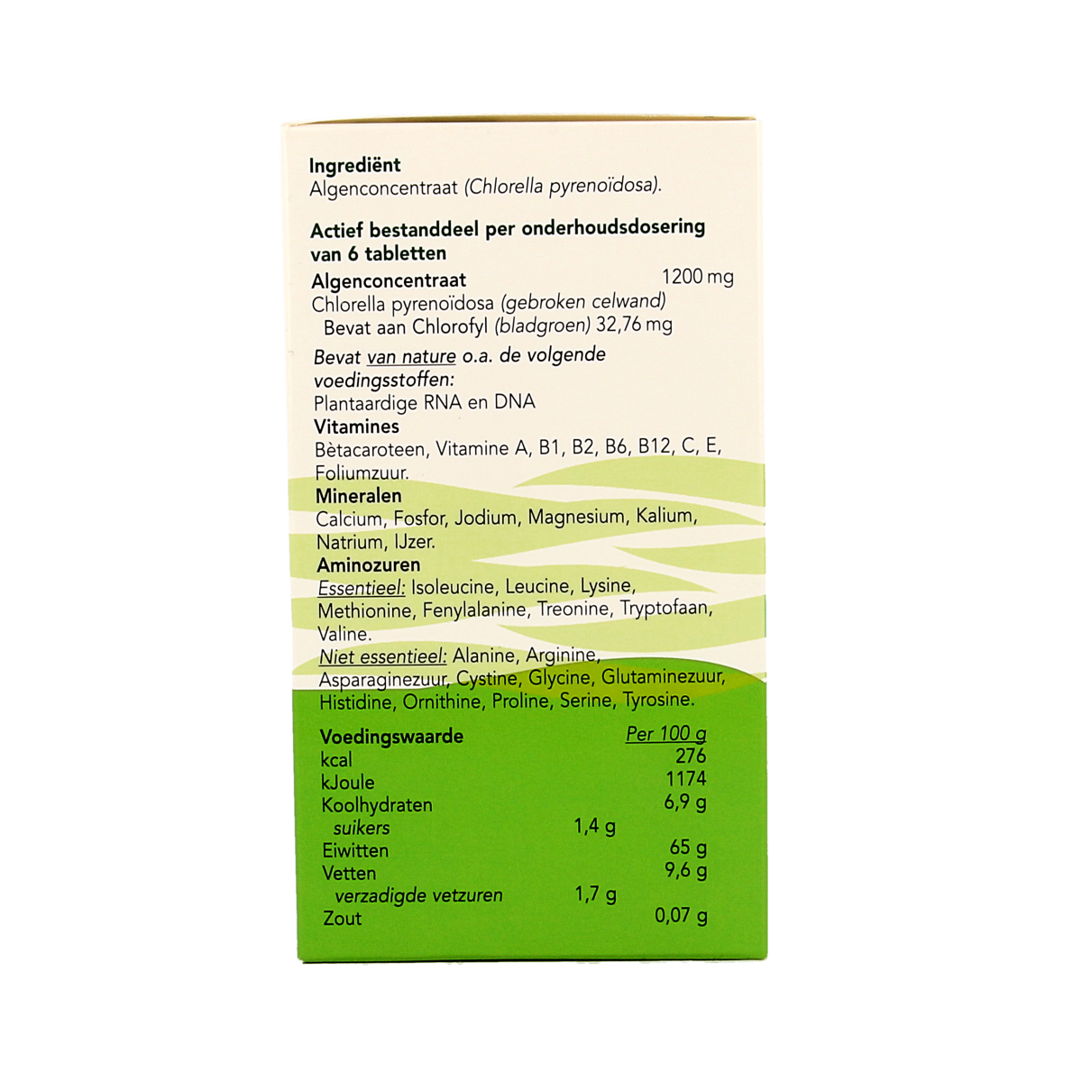 Bloem Chlorella Vital Green 1000 tablets, herbal supplement with green algae, shown in bottle with tablets inside.