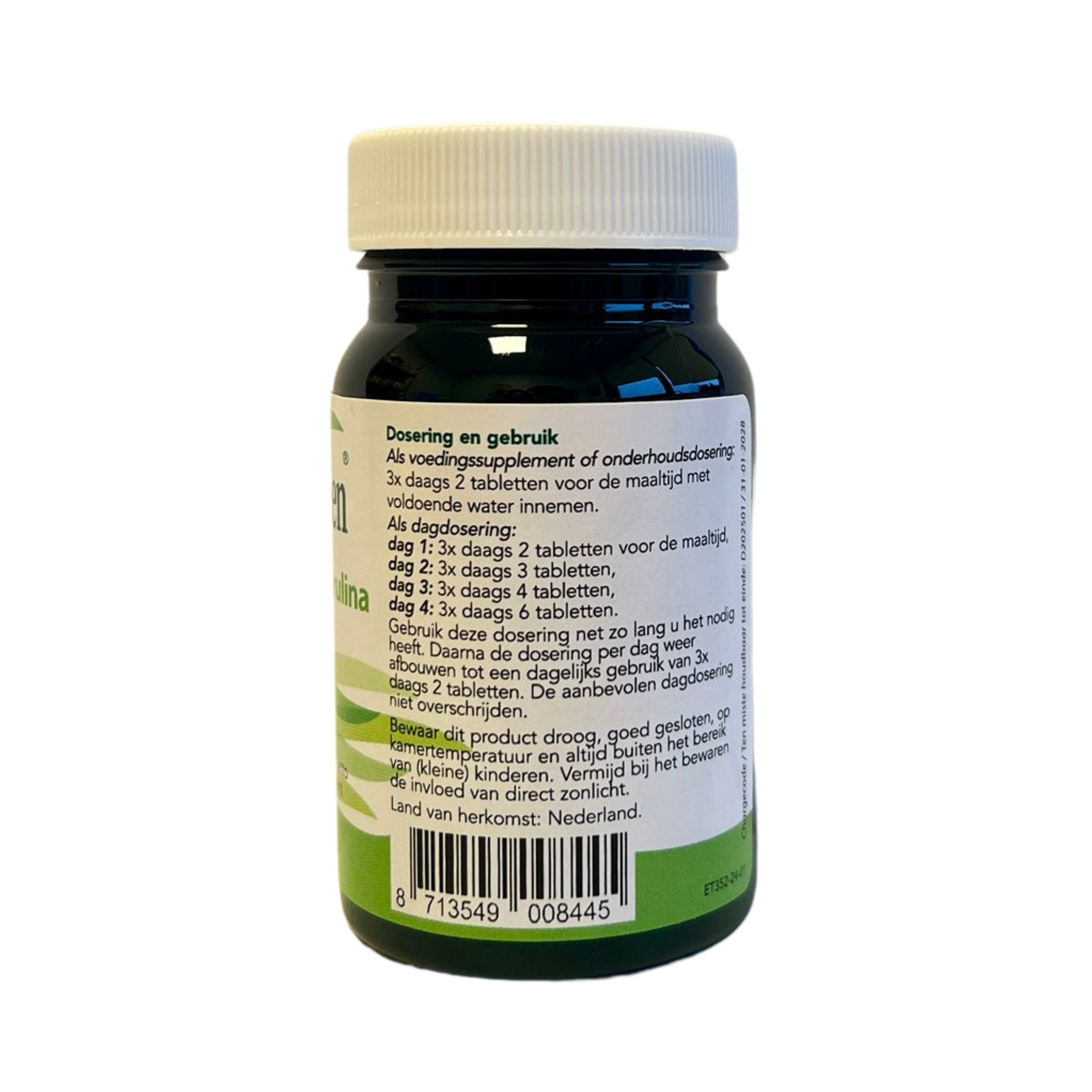 Bloem Chlorella & spirulina vital green herbal supplement in 200 tablets, featuring green tablets with natural ingredients.