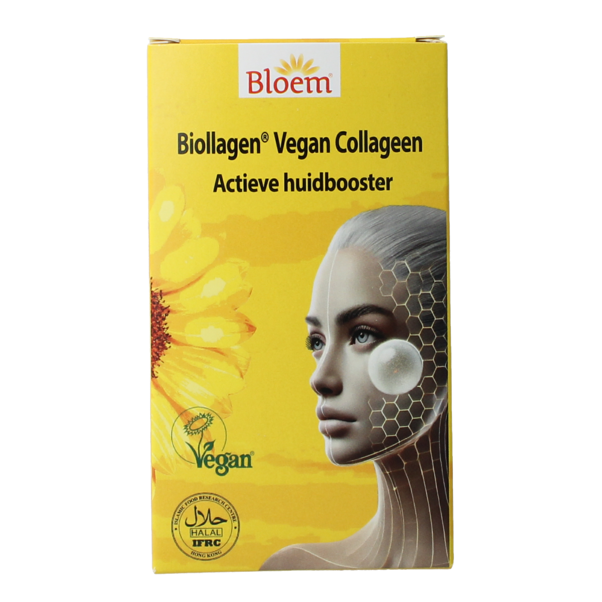 Bloem Biollagen vegan collageen actieve huidbooster set for facial skincare with natural ingredients and vibrant packaging.