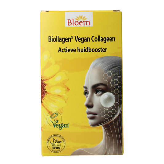 Bloem Biollagen vegan collageen actieve huidbooster set for facial skincare with natural ingredients and vibrant packaging.