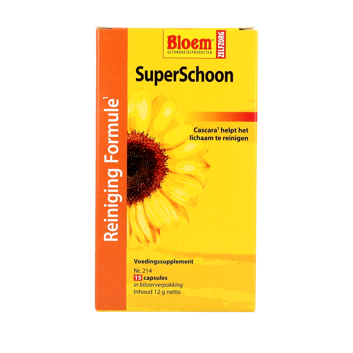 Bloem Super Schoon Reiningskuur herbal capsules, natural herbal supplement for cleansing, shown in a bottle with 15 capsules.