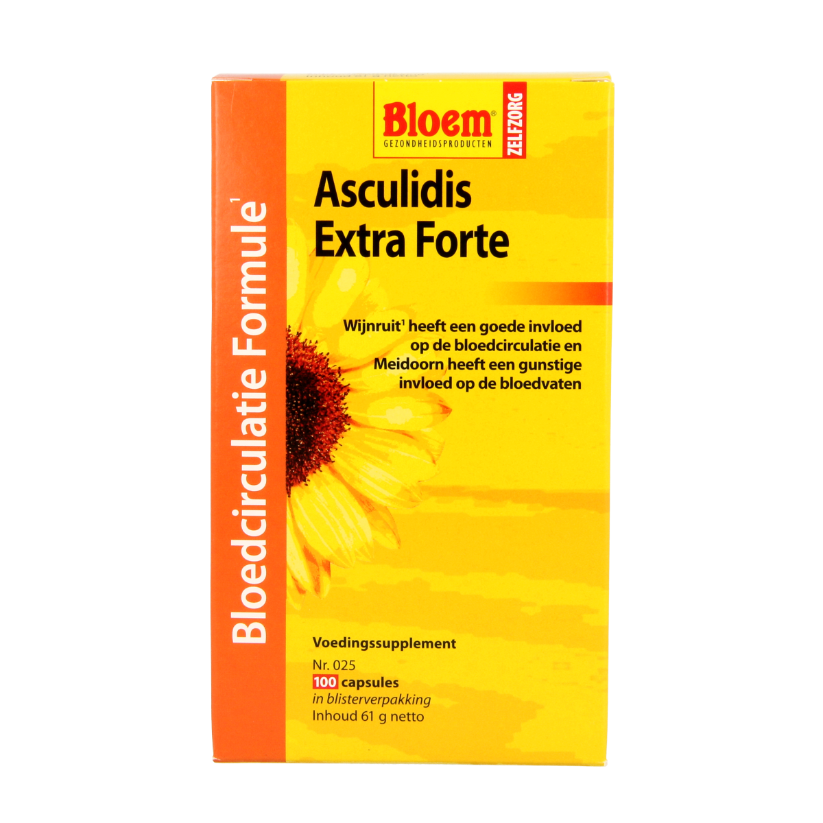 Bloem Asculidis herbal supplement capsules, natural kruidenpreparaten in a white bottle with green accents and capsule images visible.