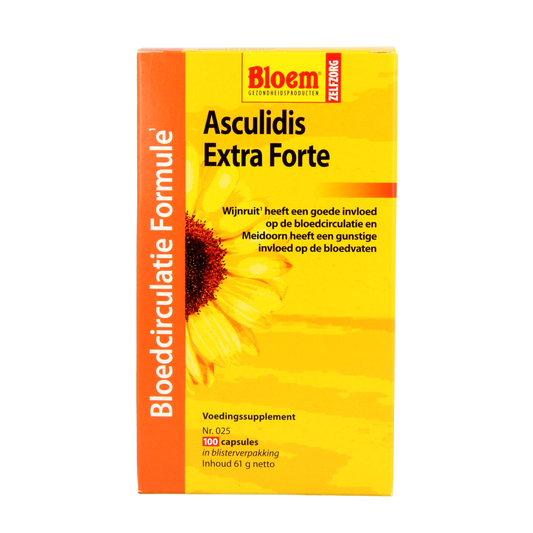 Bloem Asculidis herbal supplement capsules, natural kruidenpreparaten in a white bottle with green accents and capsule images visible.