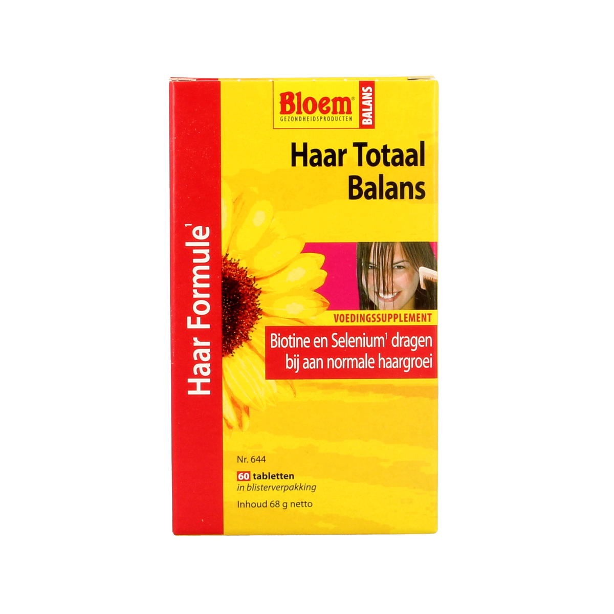 Bloem Haar Totaal Balans multivitamin tablets for hair health, featuring colorful pills in a bottle.