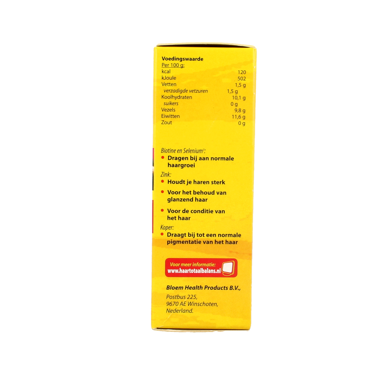 Bloem Haar Totaal Balans multivitamin tablets for hair health, featuring a bottle of 60 tablets in a clear container.
